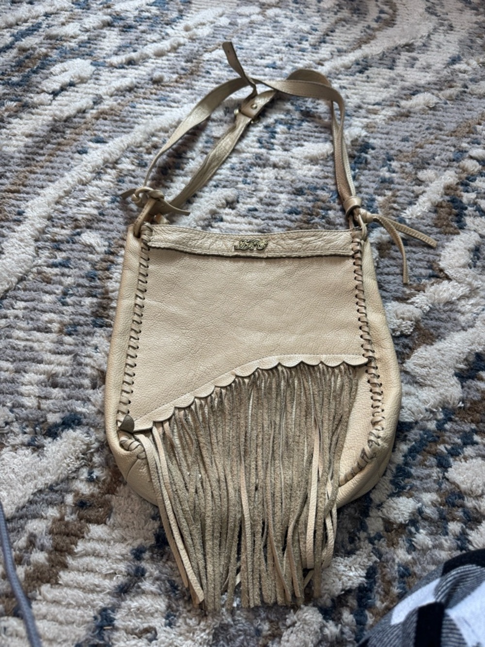 Soft Leather Fringed Cream Crossbody Bag with Scalloped.